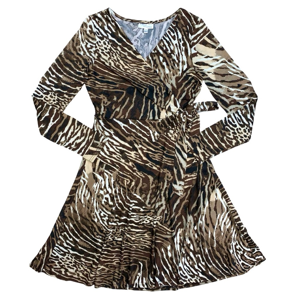 Allison Brittney Faux Wrap Tiger Stripe Print Mini Dress Medium Surplice Neck